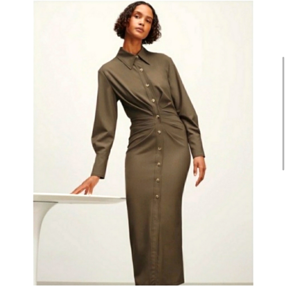 NWT Zara Shirt Dress With Ruching in Khaki Size Medium
